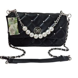 NWT Badgley Mischka Round Letter Lock Crossbody With Pearls Black